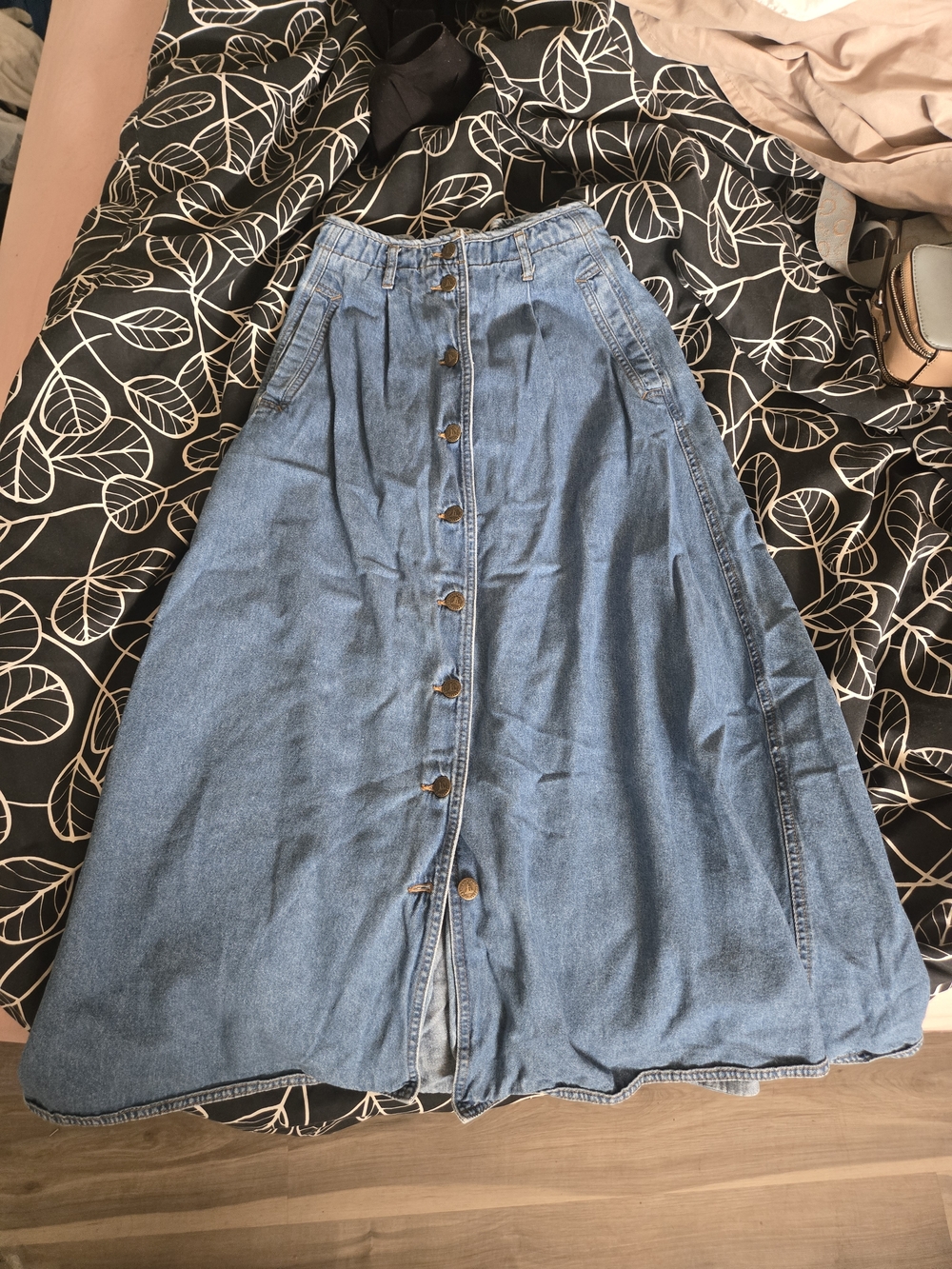 Button-Front Blue Denim Maxi Skirt